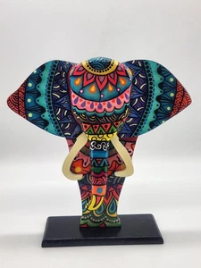 Decoración de elefante mandala pintado y lacado sobre base de madera firmado Daaos - Imagen 1 de 11