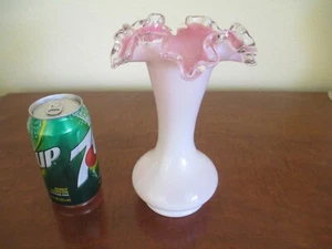 Fenton Art Glass, 8 inch Pink Overlay Milk Glass Silver Crest Crimped Vase - Picture 1 of 6