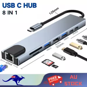 8-in-1 USB C Type C Hub 4K HDMI RJ45 Ethernet SD TF Adapter Cable For Laptop Mac - Picture 1 of 7