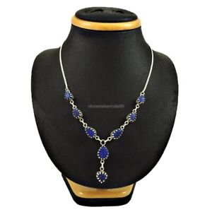 Gift For Her Natural Lapis Lazuli Cluster Leaf Necklace 925 Silver H3