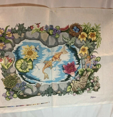Beautiful JUNIKO Handpainted Needlepoint Canvas 28 1/2” X 41” Fairies bunnies - Image 1 of 4