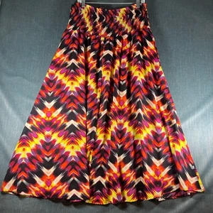 Attention Womens Maxi Peasant Skirt Size L Multi Printed Pleated Smocked Waist - Picture 1 of 10