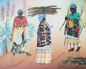 Signed W. Harper Three Tribal Black Women Afro American Mixed Media Art Painting - Picture 1 of 7