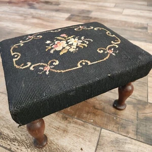 Vintage Floral Needlepoint FOOTSTOOL Carved Wood STOOL BENCH Embroidery 8” H - Picture 1 of 7