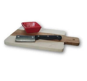 MARBLE & ACACIA WOOD CHEESE SERVING BOARD WITH KNIFE & RED FINGER/DIPPING BOWL - Picture 1 of 1