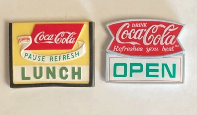 (2) Vintage Coca-Cola Sign 1997 "Open" & 1998 "Lunch" Fridge Magnets - Image 1 of 2