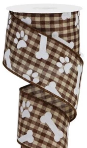 2.5" Brown Cream Gingham Check Wired Ribbon Dog Bones & Paw Prints Paws by Yard - Picture 1 of 2
