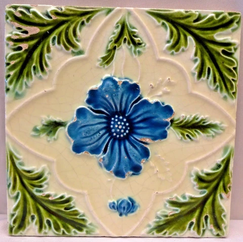 Antique English Tile Majolica Flower Motif Design Ceramic Architecture Rare "146 Cover