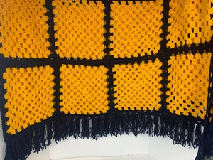 Crocheted Afghan Blue/Yellow with Fringe 47" x 75" Handmade - Picture 1 of 3