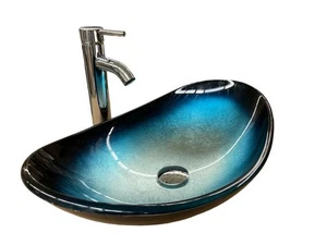 Juego ovalado lavabo barco lavabo vidrio templado azul plata encimera baño - Imagen 1 de 8