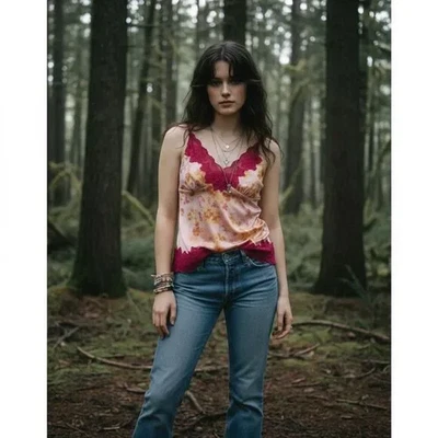 Banana Republic Pink & Orange Y2K Lace Satin Babydoll Cami, S Grunge Fairy - Image 1 of 4