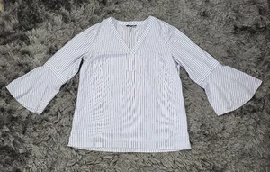 Banana Republic Shirt Women Large Blue White Striped Cotton Flared Sleeve V-Neck - Picture 1 of 15