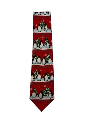 Hallmark Red Christmas Penguins Tie 60" Holiday Necktie Candy Canes Festive Yule - Image 1 of 4