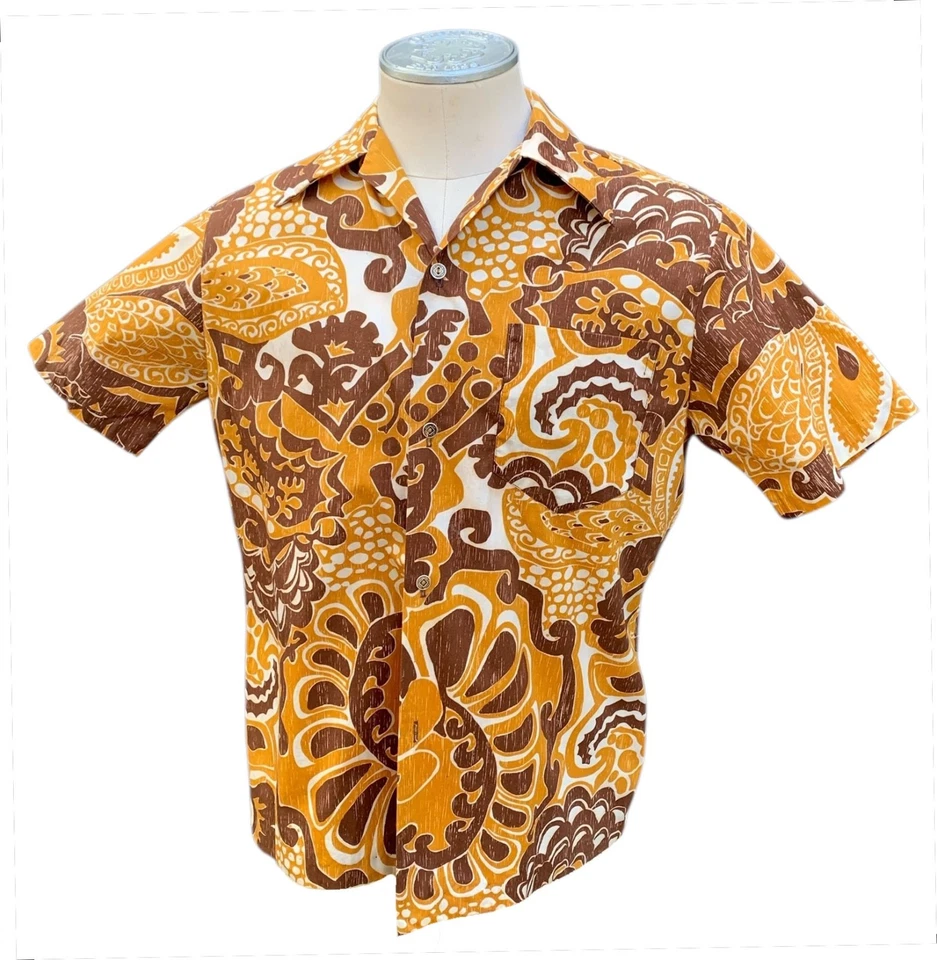 Vintage 60s/70s Men's SS Hawaiian GVH Print Aloha Shirt - Sz S/M - Brown + Gold  - Image 1 of 4