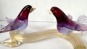 Murano Art Glass Arte Vetraria Muranese AVEM 2 Birds on Branch Gold Flecks MCM - Picture 1 of 10