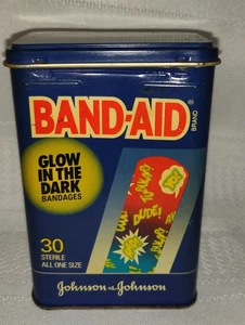 Vintage Metal Band Aid EMPTY Tin Box Glow In The Dark Bandages Johnson & Johnson - Picture 1 of 11