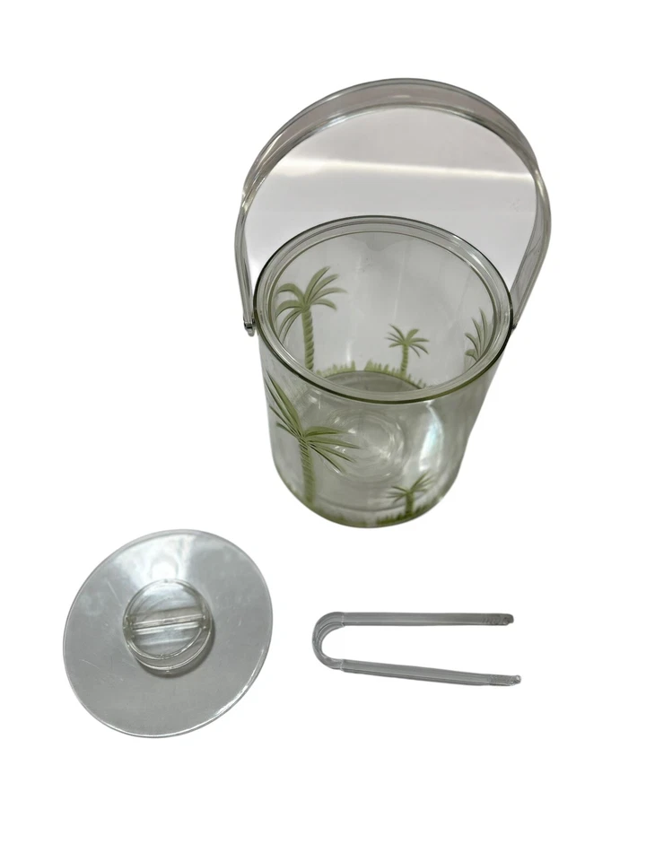 Cubo de hielo acrílico grabado vintage MCM palmera tiki bar patio con tapa y pinzas Foto 1 de 4
