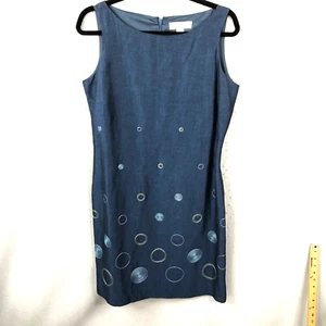 Vintage Casual Corner Dress Womens 10 Blue Embroidery Circles Linen Blend Italy - Picture 1 of 22
