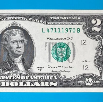 TRAILING YEAR 1970 (L 4711 1970 B) $2 Two Dollar Bill Serial Number 2017A *UNC* - Image 1 of 4