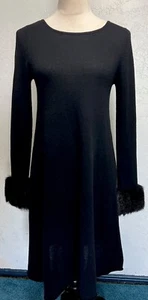 AUTUMN 100% Cashmere Sweater Dress Faux Fur Cuffs Sz S Black Knee Length - Picture 1 of 10