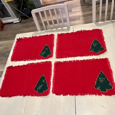 Vintage Christmas Placemats Hand Woven Red With Christmas Tree Set Of 4 - Image 1 of 4