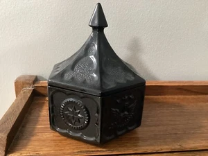 Vintage Black Glass Covered Dish, 6 Sided - Picture 1 of 4