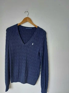 Ralph Lauren Cable Knit V Neck Navy Blue Jumper Size L UK12 - Picture 1 of 6