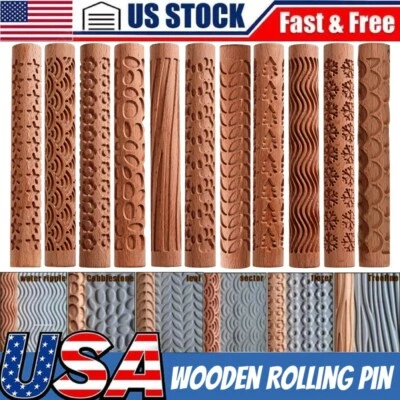 11Pcs Wooden Rolling Pin Engraved Embossing Floral Pattern Biscuit Baking Tool - Image 1 of 4