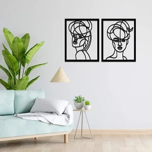 Contemporary Wooden Wall Art Set - Abstract Dual Faces, Modern Line Drawing - Picture 1 of 14