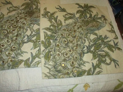 Lot of 2 Pottery Barn Peacock Pillow Covers Embroidered Sequins Linen VGC 24x24 - Image 1 of 4