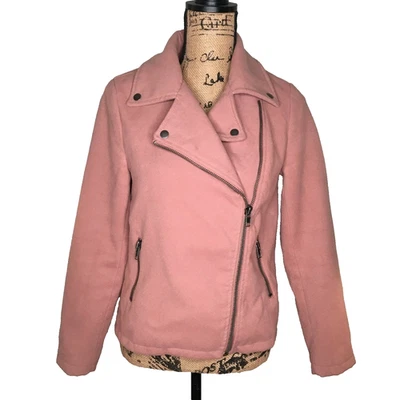 Chaqueta Forrever 21 Suave Rubor Rosa Lana Como Moto Cremallera Cuello Forrado Para Mujer Pequeña Foto 1 de 4