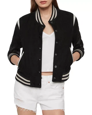 Allsaints Kieko Women's Black Suede Leather Bomber Jacket Size UK 8 US 4 - Image 1 of 4