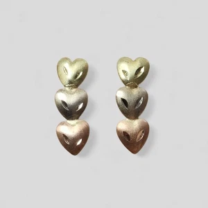 14k Diamond Cut Etched 3 Triple Tri Color Stacked Heart Gold Post Earrings - Picture 1 of 16