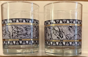 Vintage 70er Scotch Whiskey Double Rocks Gläser 22k Rand marmoriert niedrige Kugel X2 - Bild 1 von 5