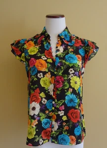 Blusa Alice & Olivia Negra Multicolor Floral Seda Manga Gorra Talla SP Nueva Sin Etiquetas - Imagen 1 de 11