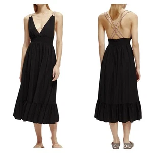 New SCOTCH & SODA Black Smocked Double Strap Tiered Midi Dress Sz FR 40 / US 10 - Picture 1 of 12