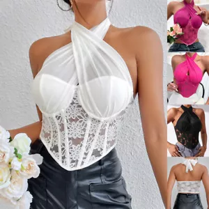 Ladies Sexy Lace Vest Crop Tops Corset Halterneck Camisoles Shirts Bustiers SIZE - Picture 1 of 25