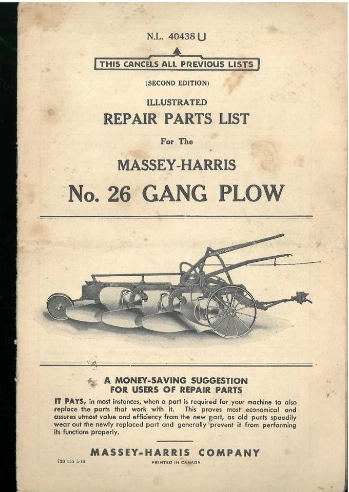 Massey Harris No.26 Gang Plow Parts Manual - Plough - Image 1 of 1