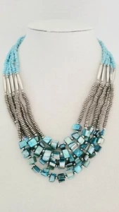 Turquoise Color Seed Beaded Multi Strand Necklace 18 Inches - Picture 1 of 10