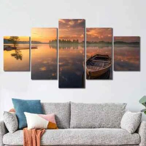 Sunset Sunrise Sky Row Boat Lakescape Nature 5 Piece Panel Canvas Wall Art Photo - Picture 1 of 2