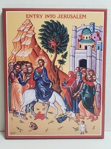Icon “Entry into Jerusalem” Appliqué Pressboard or MDF Lacquer Monastery Icons - Picture 1 of 24