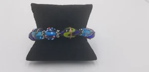 Modern Murano Glass Beads Multi Color & Shapes With Silver Tone Accents Bracelet - Picture 1 of 10