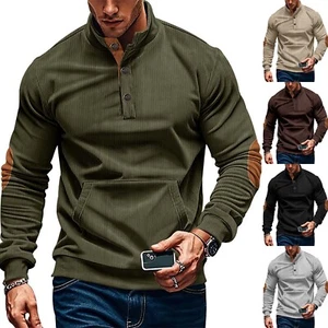 Mens Quarter Button Sweatshirt Stand Collar Corduroy Sweater Long Sleeve Tops - Picture 1 of 27