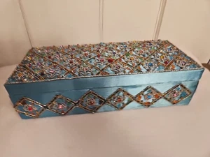 Portagioie vintage in raso turchese con perline pesanti - Foto 1 di 8