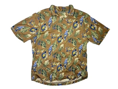 TOMMY BAHAMA Brown/Blue Parrot/Bird 100% SILK HAWAIIAN SHIRT Beach Pool Golf XLT - Image 1 of 4