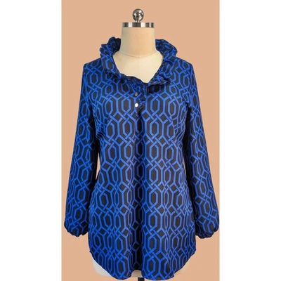 Top túnica manga larga cuello con volantes estampado geométrico azul negro Mudpie talla L para mujer Foto 1 de 4