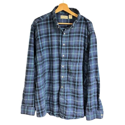复古 90 年代 LL Bean 男式蓝色格子法兰绒衬衫长袖纽扣 XXL — 第 1/4 张图片