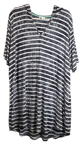 C &C California Dress 2X Blue/White Striped Tie Dye Hooded Beach Tunic Cover Up - Picture 1 of 7