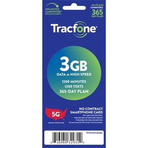 Tracfone 60 $ 1200 min, 1200 texte, 3 Go de données forfait 365 jours [livraison physique] - Photo 1 sur 7