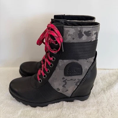 SOREL Lexie Hidden Wedge Boots Black w/Gray Camo + Pink Laces NEW! Wmn Size 10.5 - Image 1 of 4